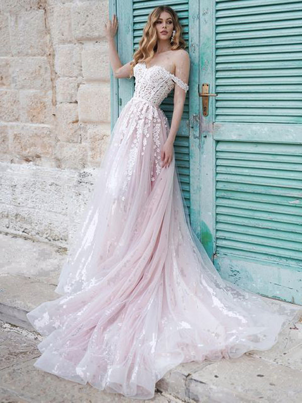 Elegant Pink A-line Off Shoulder Maxi Long Party Prom Dresses Online,WGP289