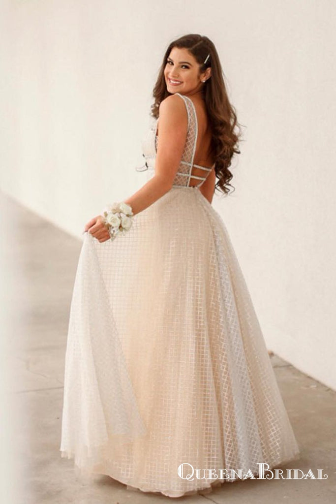 Charming V-Neck Mesh Long Ivory Long Cheap Prom Dresses, QB0761