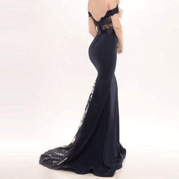 Mermaid Off-Shoulder Backless Long Cheap Lace & Satin Prom Bridesmaid Dresses Online, QB0116