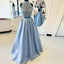 Two Piece High Neck Open Back Royal Blue Satin Prom Dresses with Lace Pockets, QB0245
