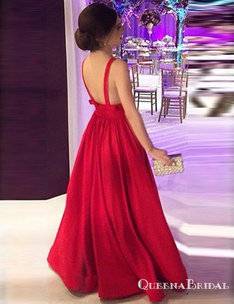 A-Line Deep V-Neck Long Backless Red Satin Prom Dresses with Bow, QB0574