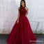 A-Line Halter Long Backless Burgundy Tulle Prom Dresses with Beading, QB0548