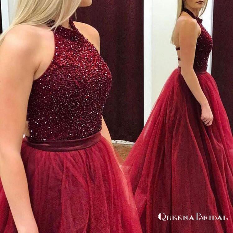 A-Line Halter Long Backless Burgundy Tulle Prom Dresses with Beading, QB0548
