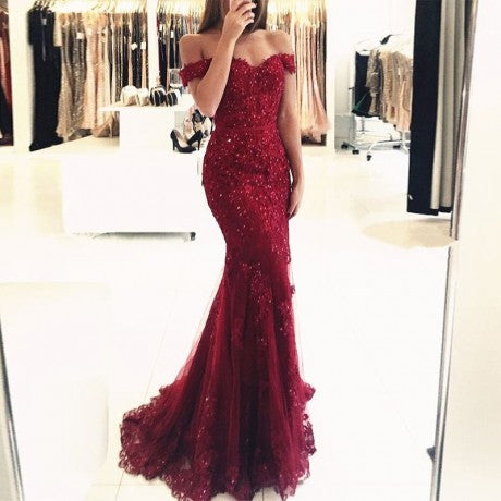 Mermaid Off the Shoulder Burgundy Tulle Prom Dresses with Appliques Beading, QB0231
