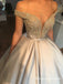 Ball Gown Off-the-Shoulder Light Grey Satin Prom Dresses with Beading, QB0537