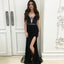 Sexy Mermaid V-Neck Long Black Prom Dresses with Beaded&Slit, QB0513