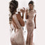 Mermaid Jewel Open Back Sweep Train Rose Gold Sequined Prom Dresses, QB0241
