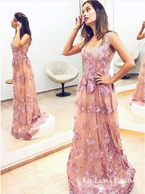 A-Line Scoop Long Cheap Blush Pink Tulle Prom Dresses with Appliques, QB0603