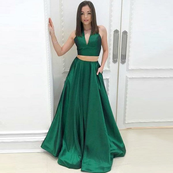 Two Piece A-Line Deep V-Neck Green Satin Prom Dresses with Pockets, QB0243