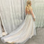 A-Line Deep V-Neck Puff Long Sleeves Grey Tulle Prom Dresses with Beading, QB0236