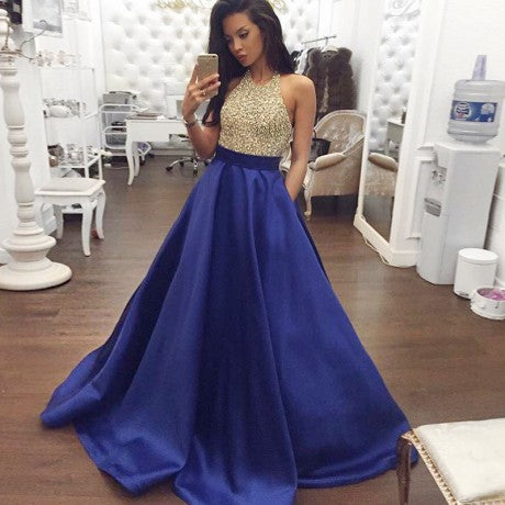 A-Line Halter Backless Royal Blue Satin Prom Dresses with Beading&Pockets, QB0235