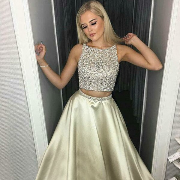Two Piece A-Line Round Neck Light Champagne Satin Prom Dresses with Beading, QB0244