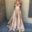 A-Line Spaghetti Straps Long Champagne Prom Dresses with Pockets, QB0524