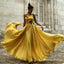 A-Line Halter Long Cheap Yellow Chiffon Prom Dresses with Applique, QB0504