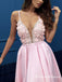 Charming Pink V-neck Sleeveless Split Prom Dresses with Appliques, QB0552