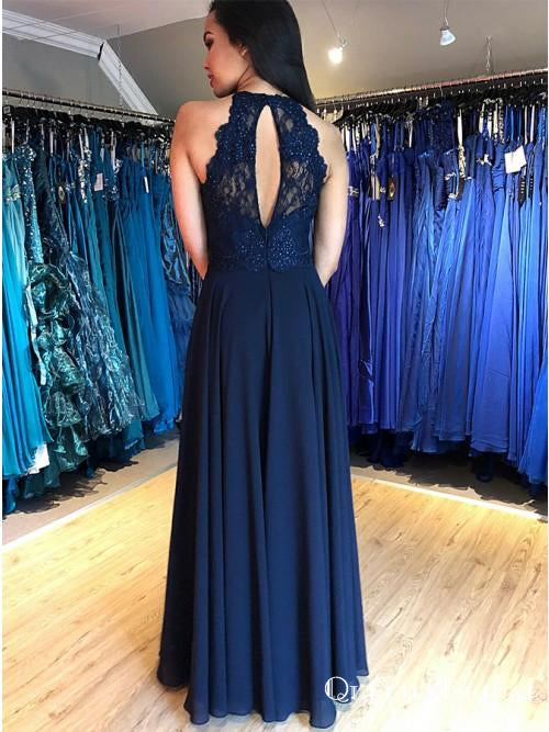 A-Line Jewel Open Back Blue Long Cheap Prom Dresses with Lace, QB0793