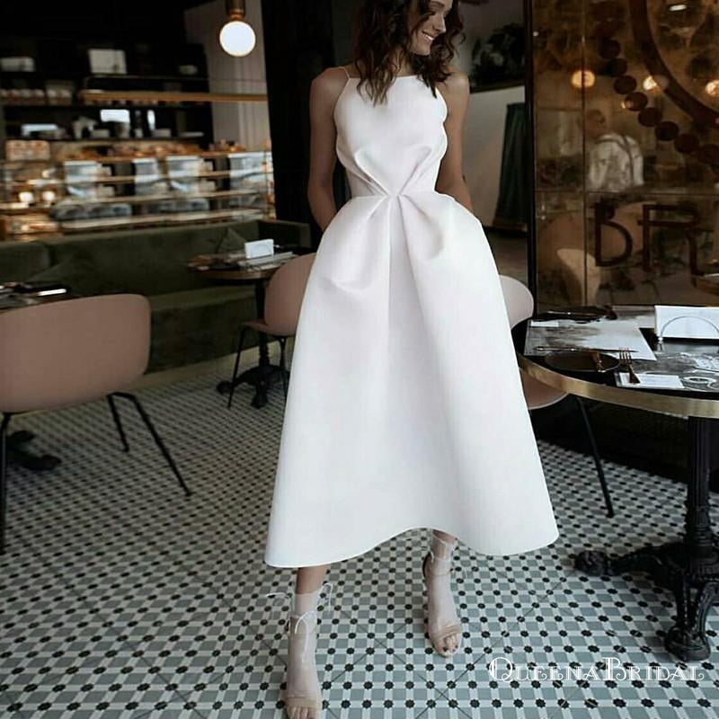 A-Line Spaghetti Straps Backless Tea-Length White Prom Dresses with Pockets, QB0493