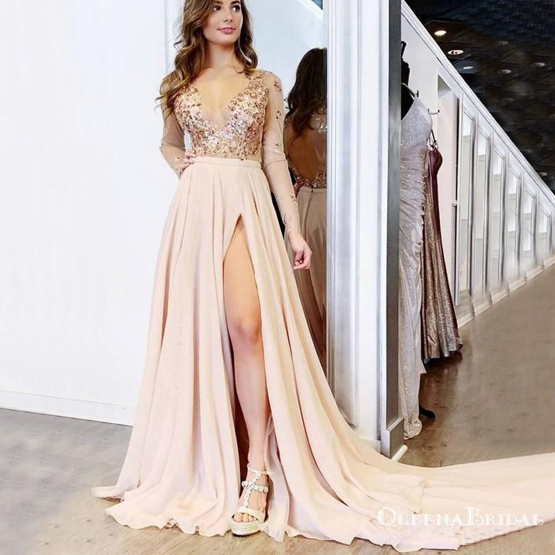 A Line V neck Long Sleeves Light Champagne Prom Dresses With Appliques, QB0587