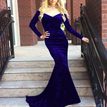 V Neck Off Shoulder Velvet Long Sleeves Mermaid Prom Dresses, QB0549