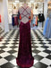 Charming Mermaid Spaghetti Straps Cross Back Split Velvet Burgundy Long Prom Dresses, QB0601