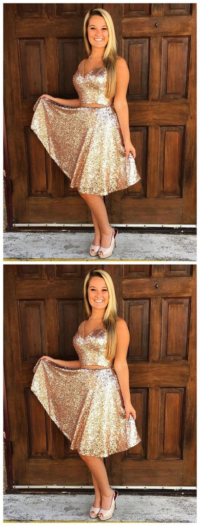 Sparkly Simple V Neck Cheap Two Piece Sequin Homecoming Dresses 2018, CM495