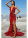 Sexy Red See Through Mermaid  Deep V-Neck Appliques Prom Dresses, QB0792