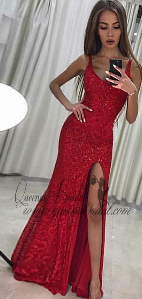 Sparkly Red Side Slit Lace Mermaid Long Evening Prom Dresses, QB0434