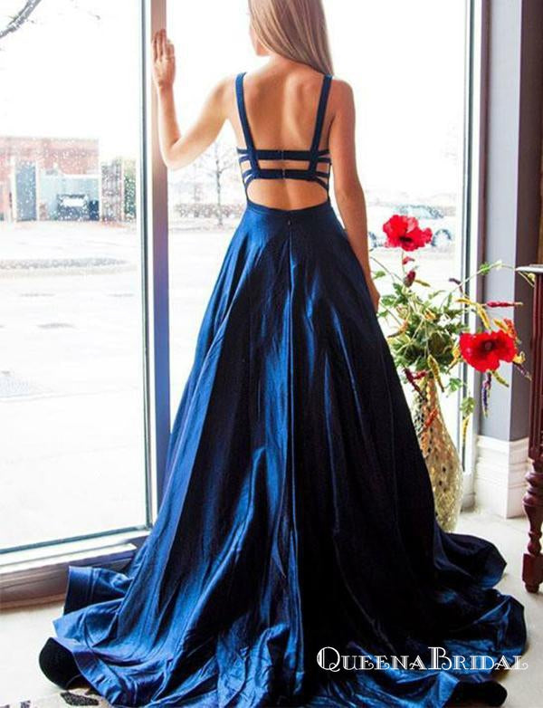 Charming Navy Blue Long Cheap Spaghetti Straps Backless Prom Dresses, QB0638