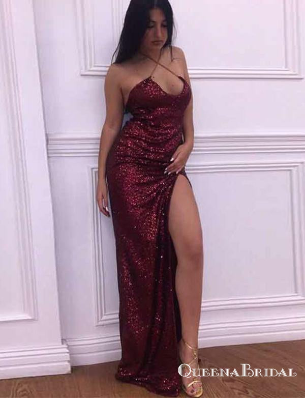 Hot Sexy Burgundy Spaghetti Straps With Split Front Prom Dresses, QB0755