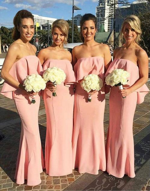 Simple Pink Strapless Sleeveless Long Satin Bridesmaid Dresses, QB0726