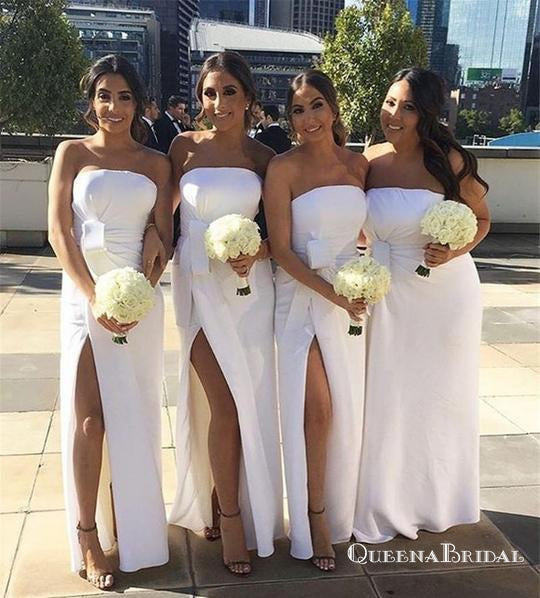 White Strapless Sleeveless Side Slit Satin Long Bridesmaid Dresses, QB0674
