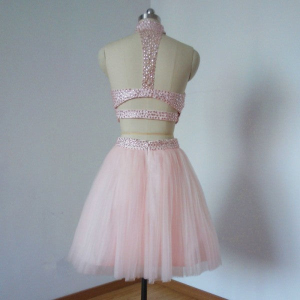 Two Piece High Neck Beading Short Cheap Pink Tulle Homecoming Dresses, QB0181