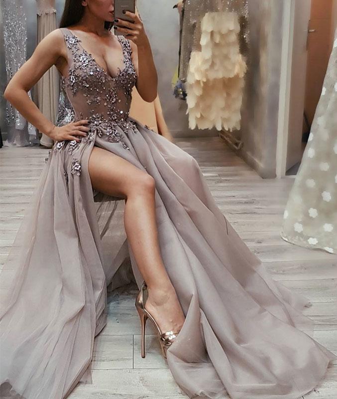 Sexy V-Neck See Through Grey Side Slit Lace Long Evening Prom Dresses, QB0400