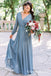 Simple V Neck Long Sleeve Backless A Line Chiffon Bridesmaid Dresses, QB0849