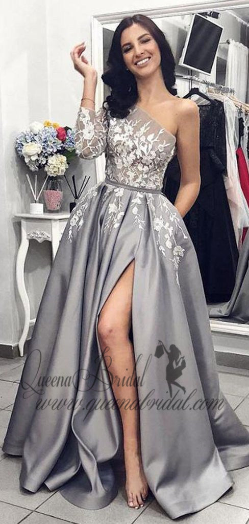 2019 Grey One Shoulder Long Sleeves Lace Long Evening Prom Dresses, QB0406