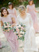 A-Line Round Neck Cap Sleeves Pink Chiffon Bridesmaid Dresses with Lace, QB0841