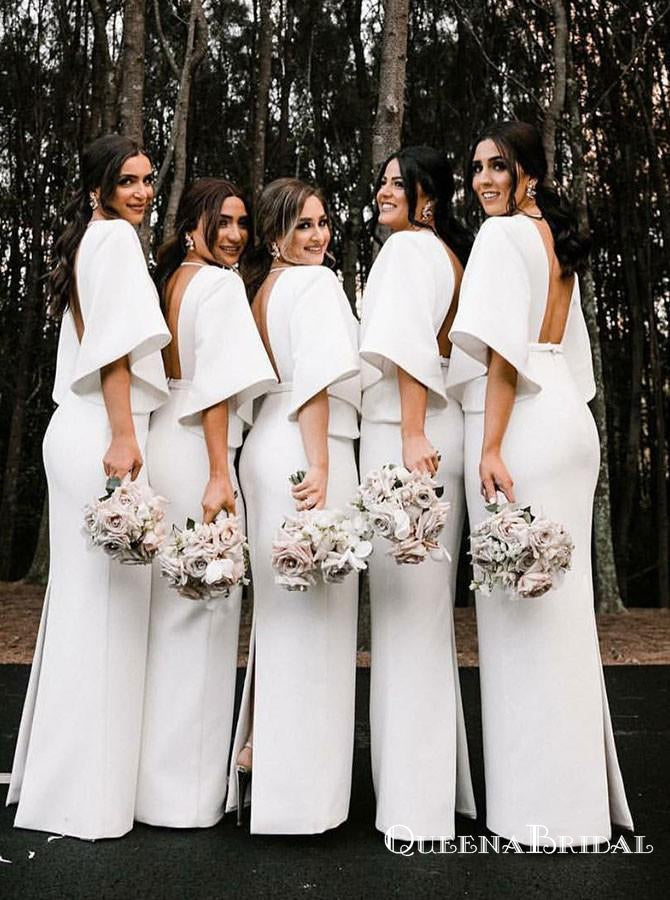 Sheath V-Neck Long Cheap White Satin Bridesmaid Dresses with Long Sleeves, QB0705
