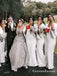 Sheath V-Neck Long Cheap White Satin Bridesmaid Dresses with Long Sleeves, QB0705