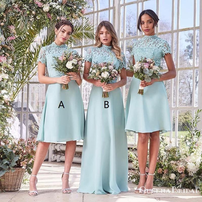 A-Line High Neck Short Sleeves Mint Bridesmaid Dresses with Lace, QB0806
