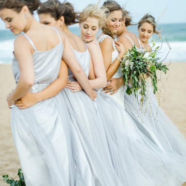 A-Line Spaghetti Straps Long Grey Tulle Cheap Bridesmaid Dresses Online, QB0015