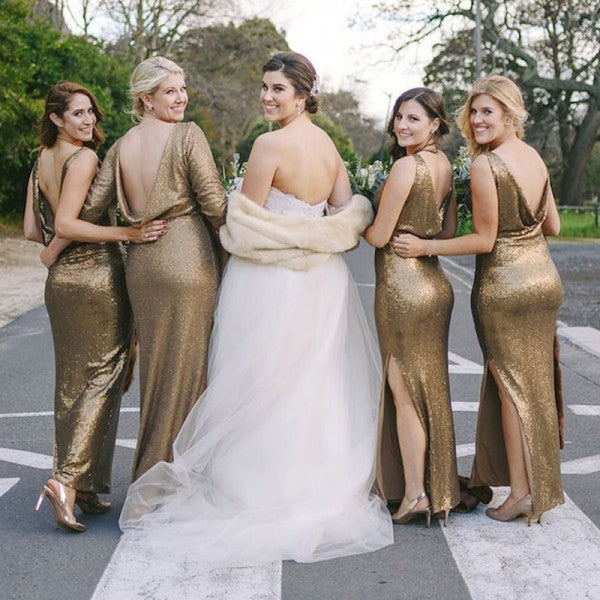 Mismatched Mermaid V-Neck Side Slit Backless Gold Sequined Bridesmaid Dresses Online, QB0016
