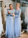Light Blue Long Sleeve Round Neck Long Cheap Jersey Bridesmaid Dresses, QB0622