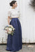 Two Piece Crew Short Sleeves Navy Blue Satin Bridesmaid Dresses with Lace, QB0810