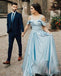 Elegant A-Line Off the Shoulder Blue Satin Long Prom Dresses, QB0570