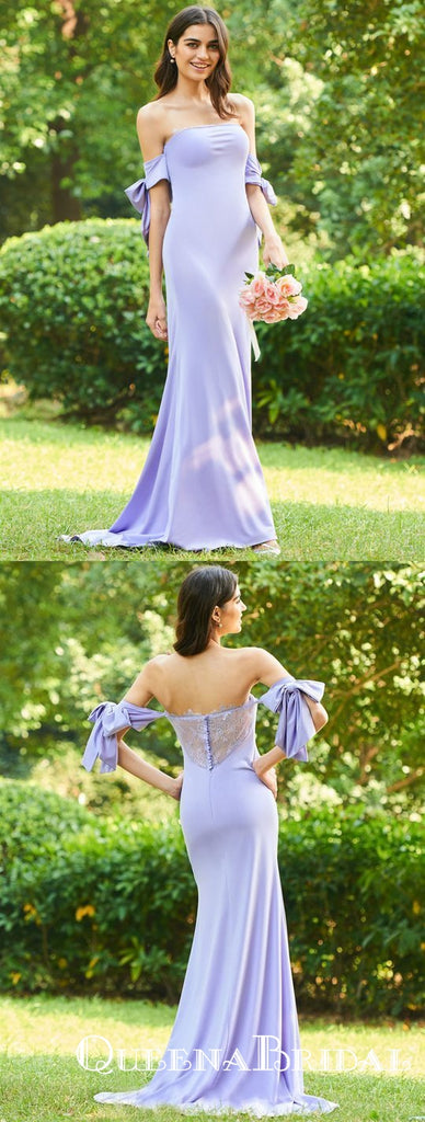 Lavender Strapless Off Shoulder Backless Long Bridesmaid Dresses With Lace, QB0672