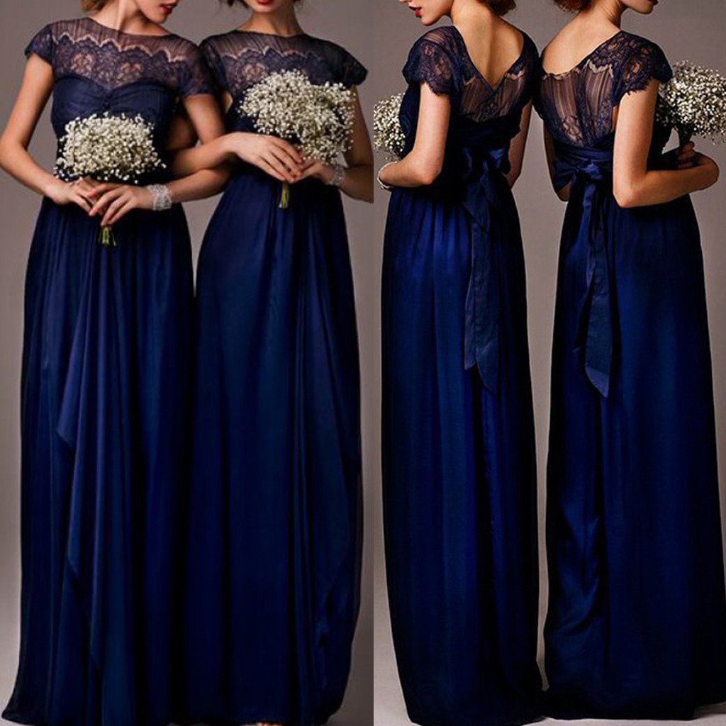 Impressive Discount Cap Sleeve Top Seen-Through Lace Elegant Royal Blue Long Bridesmaid Dresses, WG030
