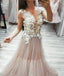 Charming Custom Lace V Neck See Through A-line Long Evening Prom Dresses, QB0367