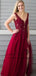 V Neck Burgundy Side Slit Cheap Long Evening Prom Dresses with Beaded, QB0429