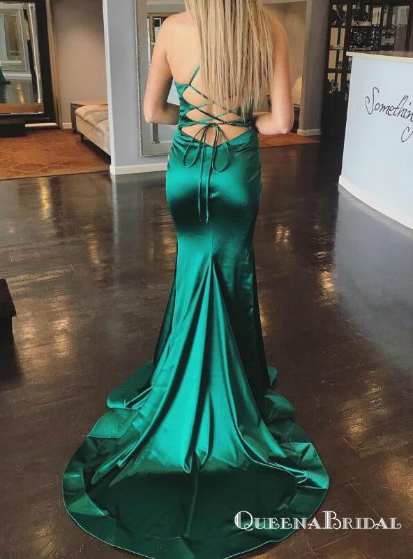 Green Mermaid Satin Halter Crossed Straps Back Prom Dresses, QB0720
