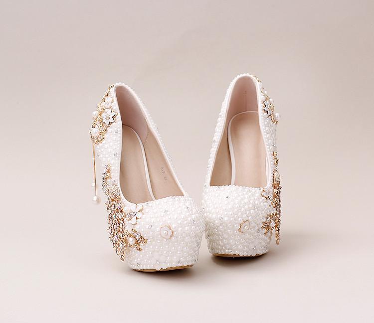 Handmade High Heels Round Toe Pearls Crystal Wedding Shoes, S0038
